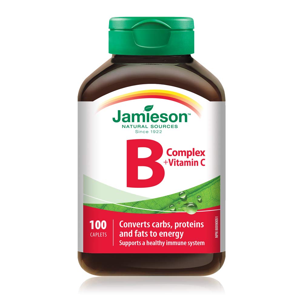 Jamieson Vitamin B Complex and Vitamin C 500 mg, with Folate for Cellular Health, Supports Energy Production, Metabolism, and Immune Health. Vegetarian, Gluten-Free, 100 Caplets, Proudly Canadian - Available at All In One Marketplace Canada