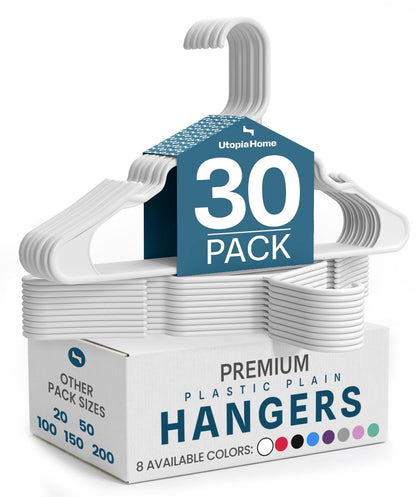 Utopia Home Plastic Hangers, 30 Pack, Clothes Hangers with Shoulder Grooves, Durable Space Saving Coat Hanger for Shirts, Pants, Skirts, Jackets, Blouses, Dresses and Everyday Wardrobe Use (White)