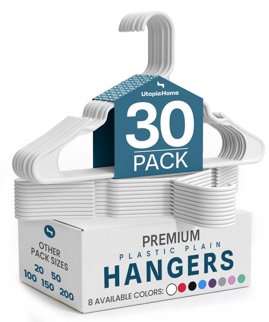 Utopia Home Plastic Hangers, 30 Pack, Clothes Hangers with Shoulder Grooves, Durable Space Saving Coat Hanger for Shirts, Pants, Skirts, Jackets, Blouses, Dresses and Everyday Wardrobe Use (White)