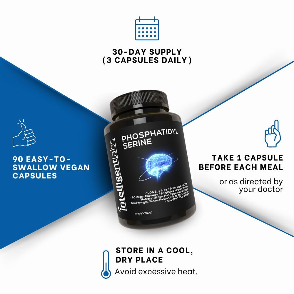 Intelligent Labs Phosphatidylserine Supplement 100mg | 90 High Strength Capsules | 100% Soy and Allergen Free | Pure Phosphatidylserine from Sunflower Lecithin - Available at All In One Marketplace Canada