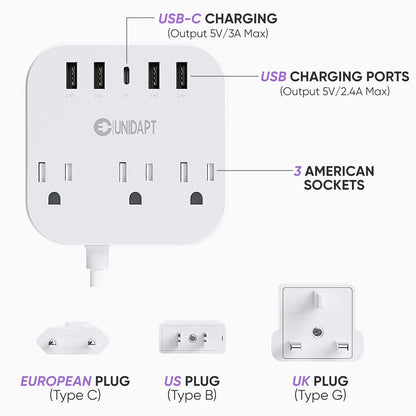 Unidapt European Plug Adapter, Unidapt US to UK Europe Power Strip for EU/UK/US with USB C and 4 USB Ports, 3 AC Outlets, Wall Mountable, 5ft Cord, for Travel Cruise Ship Home (WSS-603)