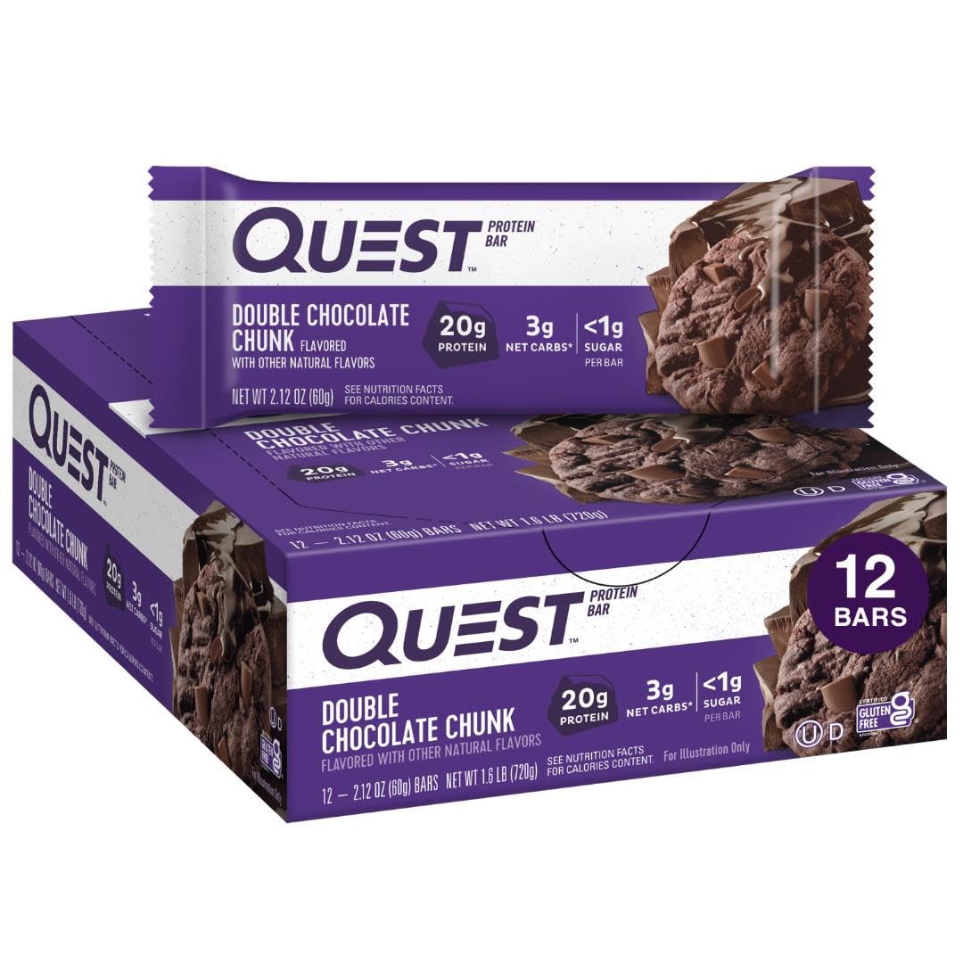 Quest Nutrition Double Chocolate Chunk Protein Bar, High Protein, High Fibre, Low Sugar, Keto Friendly, 20g Protein, 1g Sugar, 12ct Quest