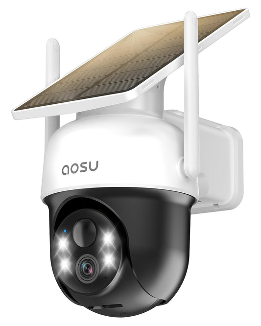 AOSU Solar Camera Security Outdoor - 100% Wire-Free Security Cameras Wireless Outdoor for Home Surveillance with Fixed Solar Panel, 360° View, Human Auto Tracking, 2K Color Night Vision,1 Pack