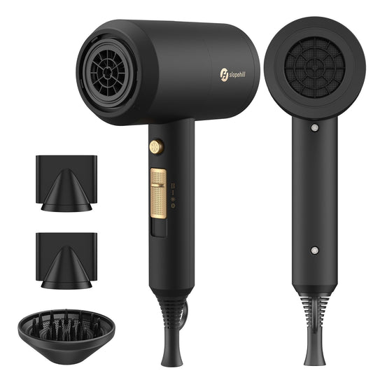 Slopehill Professional Ionic Hair Dryer, Powerful 1800W Fast Drying Low Noise Blow Dryer with 2 Concentrator Nozzle 1 Diffuser Attachments for Home Salon Travel (Black)
