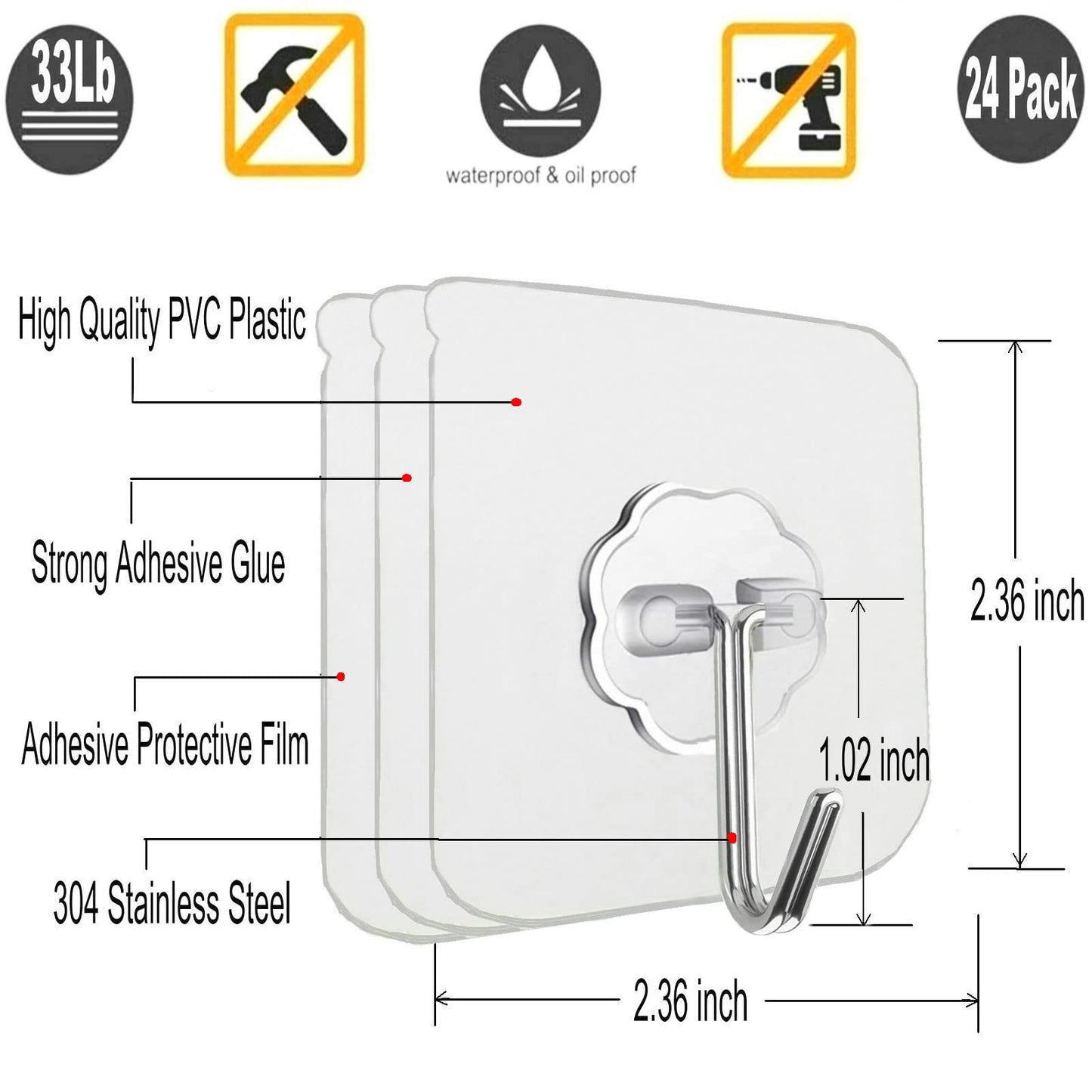 Jwxstore 24 Pack Wall Hooks for Hanging 33lb(Max) Heavy Duty Self Adhesive Hooks Transparent Waterproof Sticky Hooks for Keys Bathroom Shower Outdoor Kitchen Door Home Improvement Utility Hooks