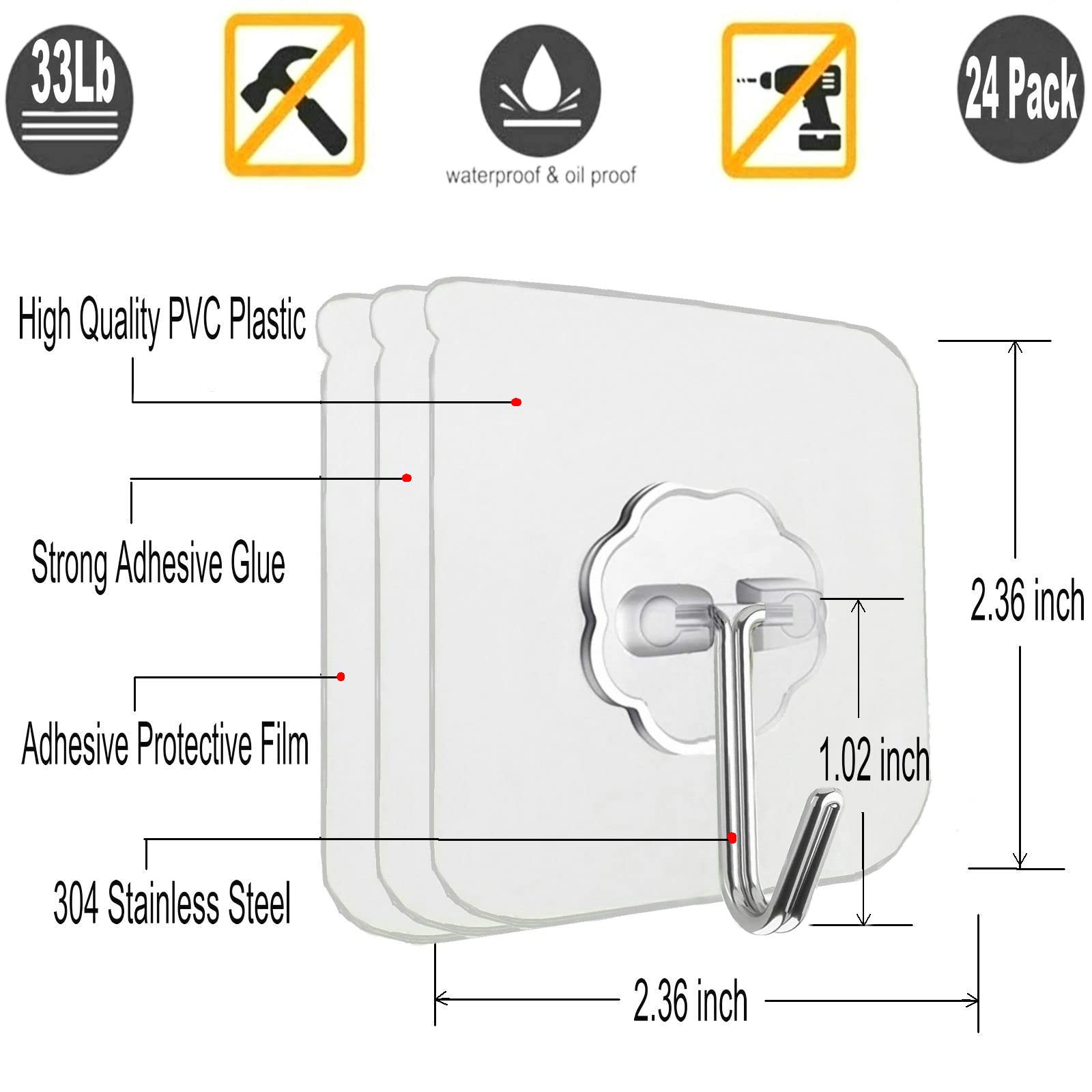 Jwxstore 24 Pack Wall Hooks for Hanging 33lb(Max) Heavy Duty Self Adhesive Hooks Transparent Waterproof Sticky Hooks for Keys Bathroom Shower Outdoor Kitchen Door Home Improvement Utility Hooks