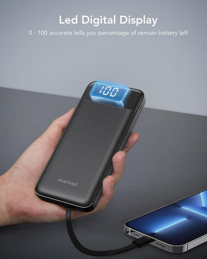 Charmast Power Bank with Built in Cables, 10000mAh USB C Battery Pack 6 Outputs 2 Inputs with LED Display Type C Powerbank Portable Charger Compatible with Smartphones Tablets and More (Black) - Available at All In One Marketplace Canada
