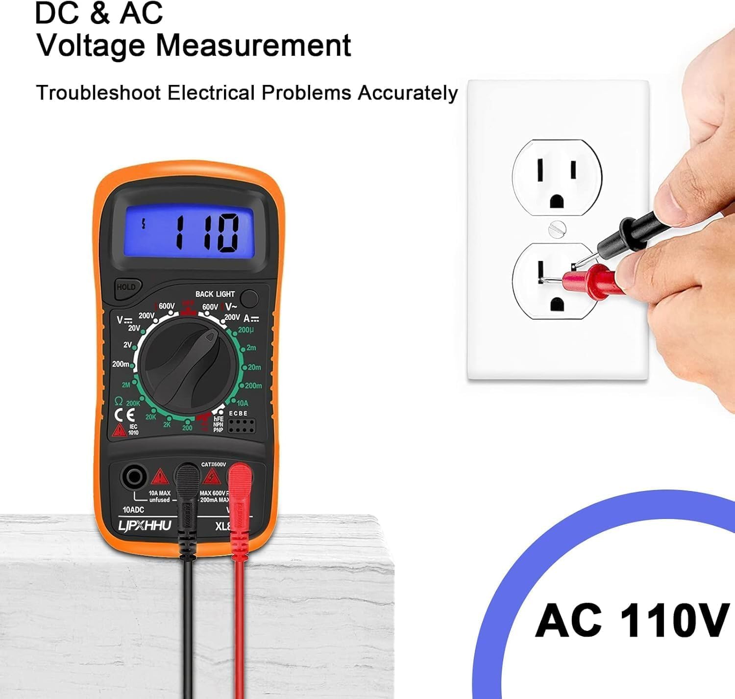 Digital Multimeter Voltmeter Battery Voltage Multi Tester AC DC Volt OHM Amp Current Meter Circuit Continuity Resistance Diode Electrical Tester with Test Leads Backlight LCD Display