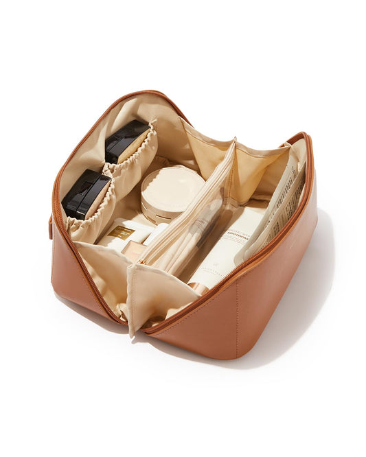 EACHY Travel Makeup Bag,Large Capacity Cosmetic Bags for Women,Waterproof Portable Pouch Open Flat Toiletry Bag Make up Organizer with Divider and Handle, Gifts for Women (Brown, Medium) - Available at All In One Marketplace Canada