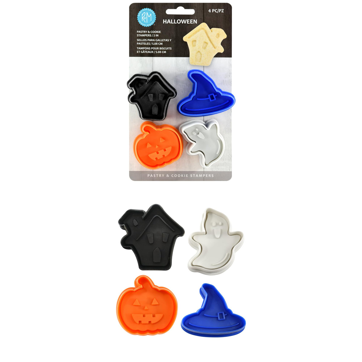 R&M International 0494 Emporte-pièces/tampons pour pâtisserie, biscuits ou pâte à sucre Halloween de 5 cm, Maison hantée, Chapeau de sorcière, Citrouille, Fantôme, Ensemble de 4 pièces
