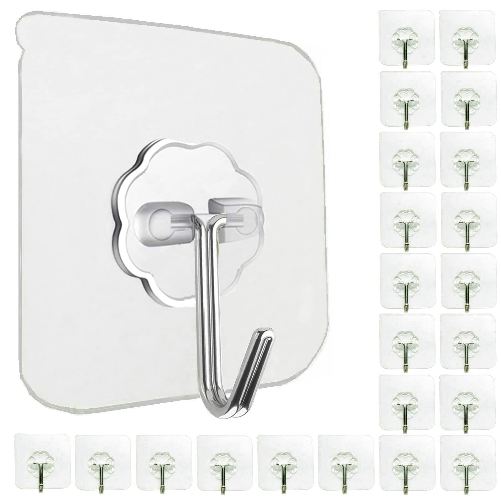 Jwxstore 24 Pack Wall Hooks for Hanging 33lb(Max) Heavy Duty Self Adhesive Hooks Transparent Waterproof Sticky Hooks for Keys Bathroom Shower Outdoor Kitchen Door Home Improvement Utility Hooks