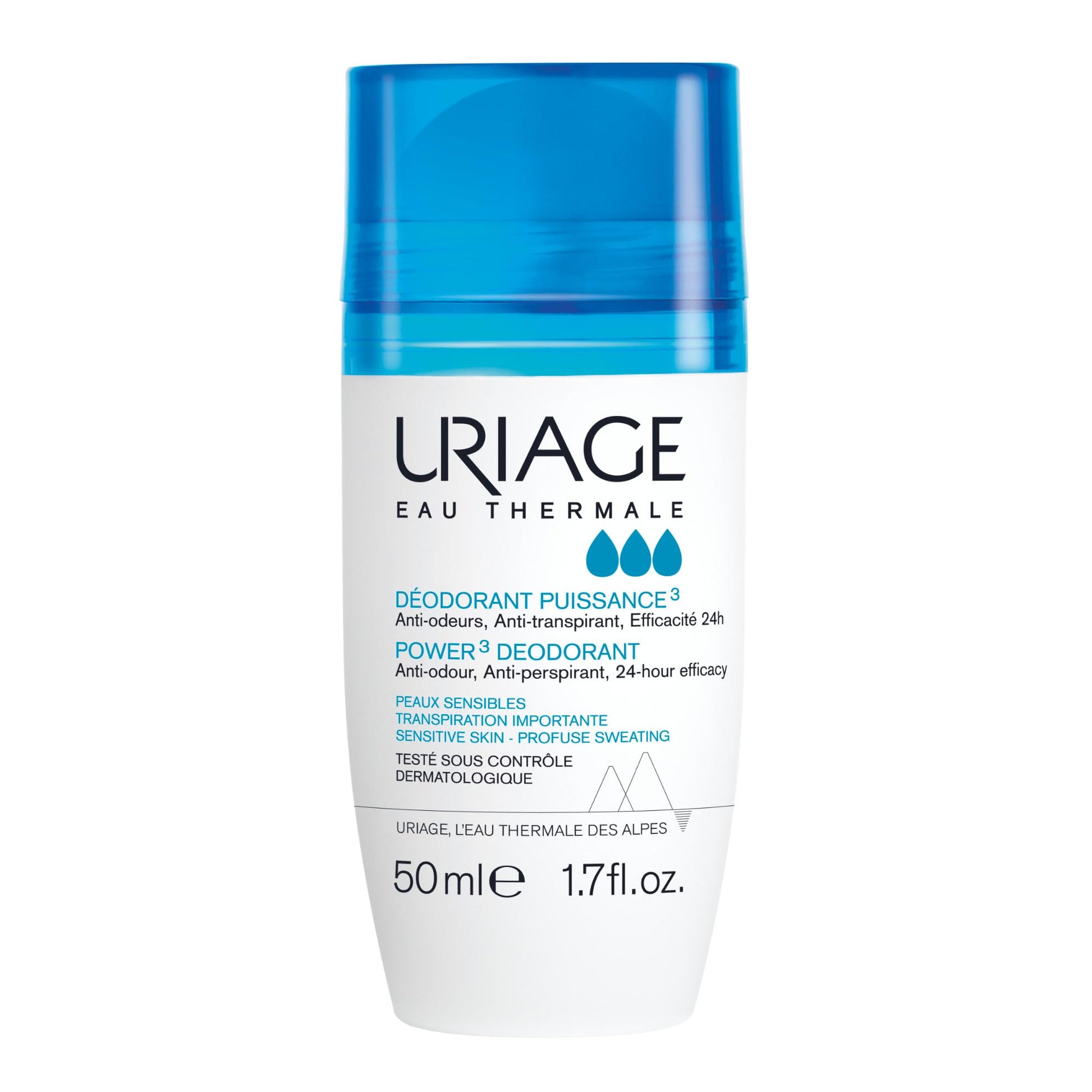 Uriage - Power 3 Clinical Strength Antiperspirant Deodorant - Roll-On Protection for Excessive Armpit Sweat - Men and Women - Combats Odor and Provides a Fresh, Clean Feeling for 24hr - 50ml - Available at All In One Marketplace Canada