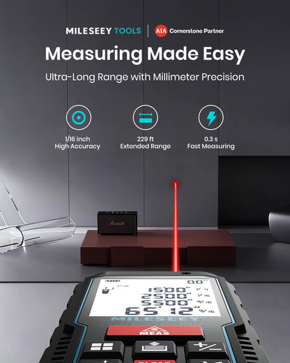 229Ft Laser Measure Device, Mileseey Digital Laser Tape Measure with Upgraded Electronic Angle Sensor, ±2mm Accuracy, Area Measurement,Volume and Pythagoras, Backlit LCD,Mute, Battery Included