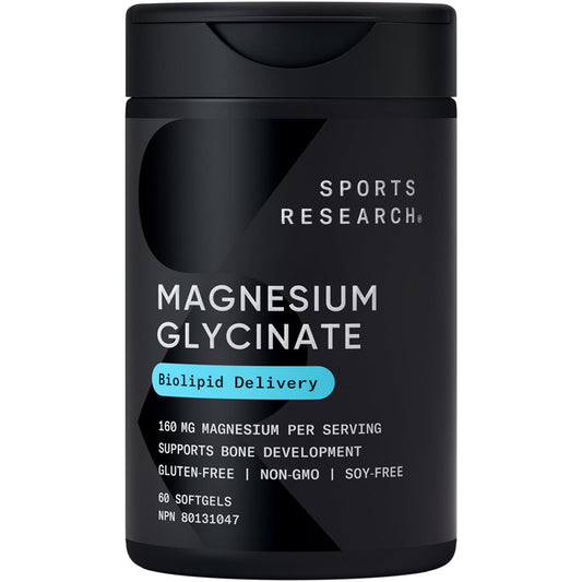 Sports Research® Magnesium Glycinate - Supports Bone Development & Muscle Function | 160mg of Chelated Elemental Magnesium w/Coconut MCT Oil | Non-GMO, Gluten & Soy Free - Liquid Softgels | 60 Count - Available at All In One Marketplace Canada