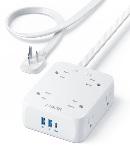 Anker Surge Protector Flat Plug Power Strip 2000J, 5ft Thin Extension Cord, 8 Outlets,2 USB A and 1 USB C Port,20W for iPhone15,Wall Mount,Compact for Home,Office,Room,TUV Listed (White) - Available at All In One Marketplace Canada