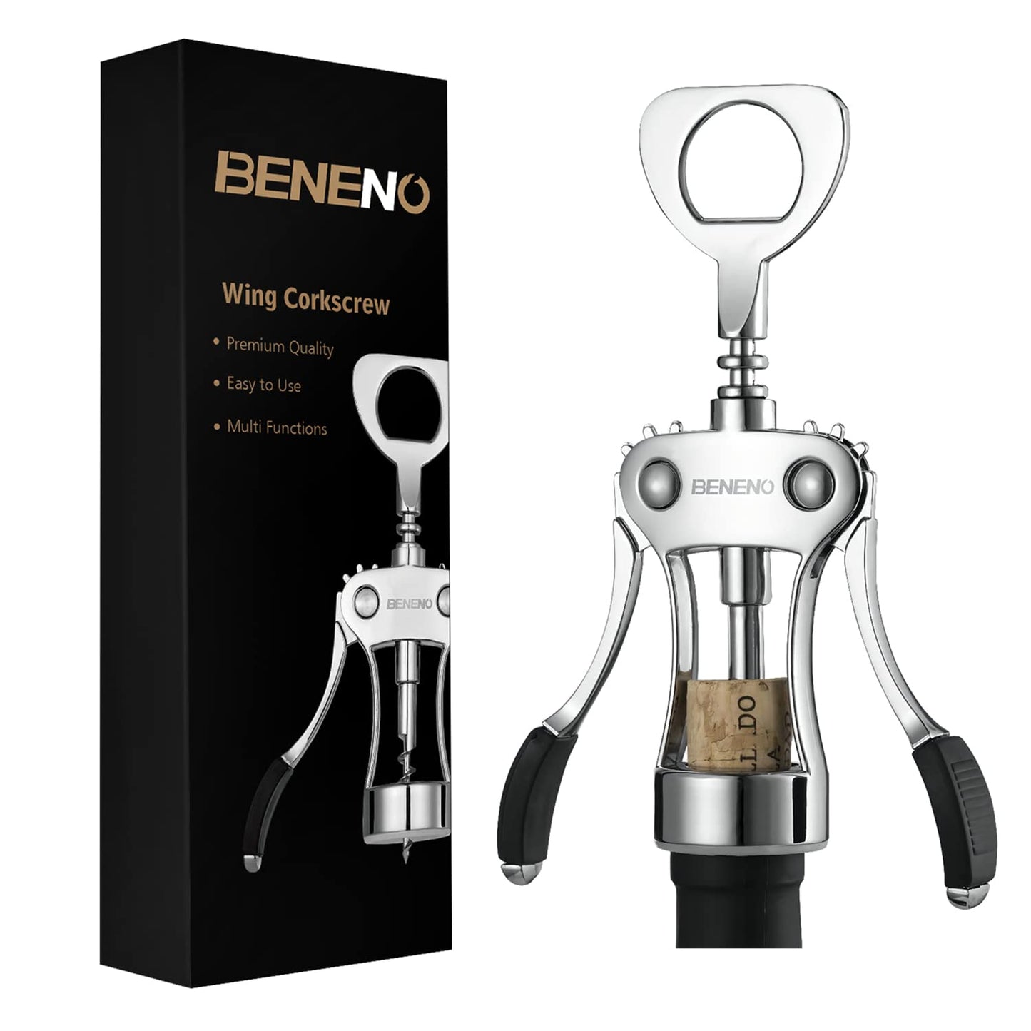 Wine Opener, BENENO Zinc Alloy Premium Wine Bottle Opener Wing Corkscrew with Multifunctional Corks and Caps Bottle Opener, Upgrade - Available at All In One Marketplace Canada
