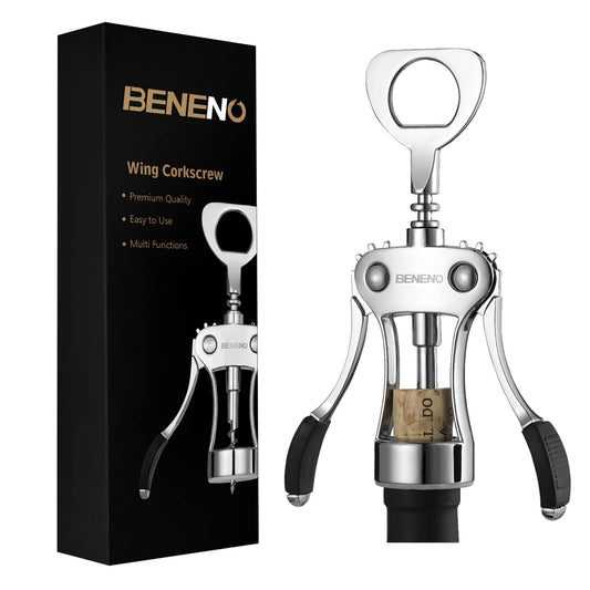 Wine Opener, BENENO Zinc Alloy Premium Wine Bottle Opener Wing Corkscrew with Multifunctional Corks and Caps Bottle Opener, Upgrade - Available at All In One Marketplace Canada