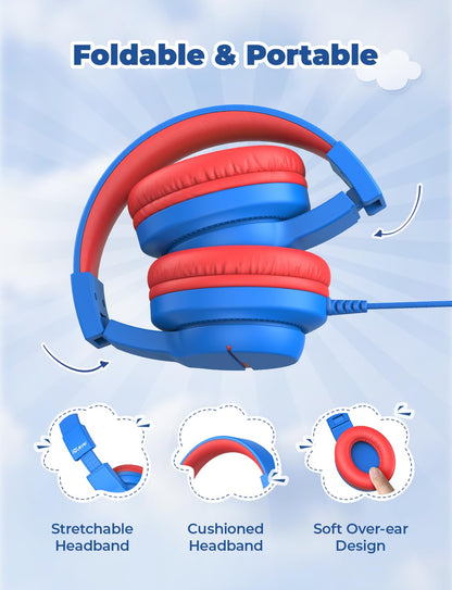 iClever HS19 Kids Headphones with Microphone for School, Volume Limiter 74/85dBA, Over-Ear Girls Boys Headphones for Kids with Shareport, Foldable Wired for iPad/Fire Tablet/Travel, Blue