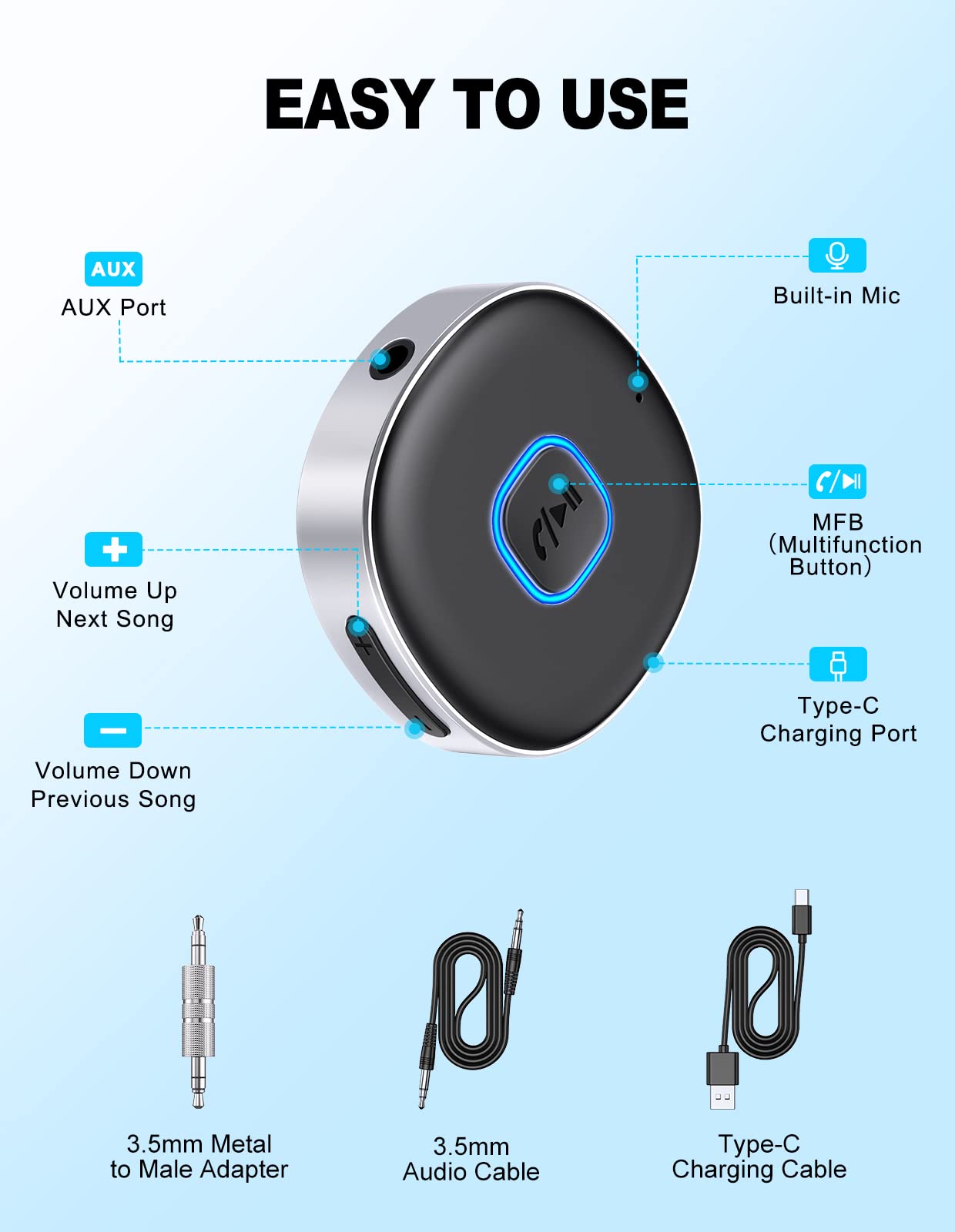 WOCBUY Bluetooth Adapter for Car, 3.5mm AUX Bluetooth Receiver for Music Streaming, Bluetooth 5.0 Wireless Audio Receiver for Car/Home Stereo/Wired Headphones/Speaker, Dual Connection, 12H Playtime - Available at All In One Marketplace Canada
