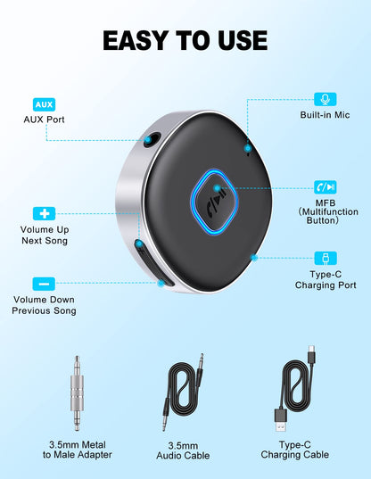WOCBUY Bluetooth Adapter for Car, 3.5mm AUX Bluetooth Receiver for Music Streaming, Bluetooth 5.0 Wireless Audio Receiver for Car/Home Stereo/Wired Headphones/Speaker, Dual Connection, 12H Playtime - Available at All In One Marketplace Canada