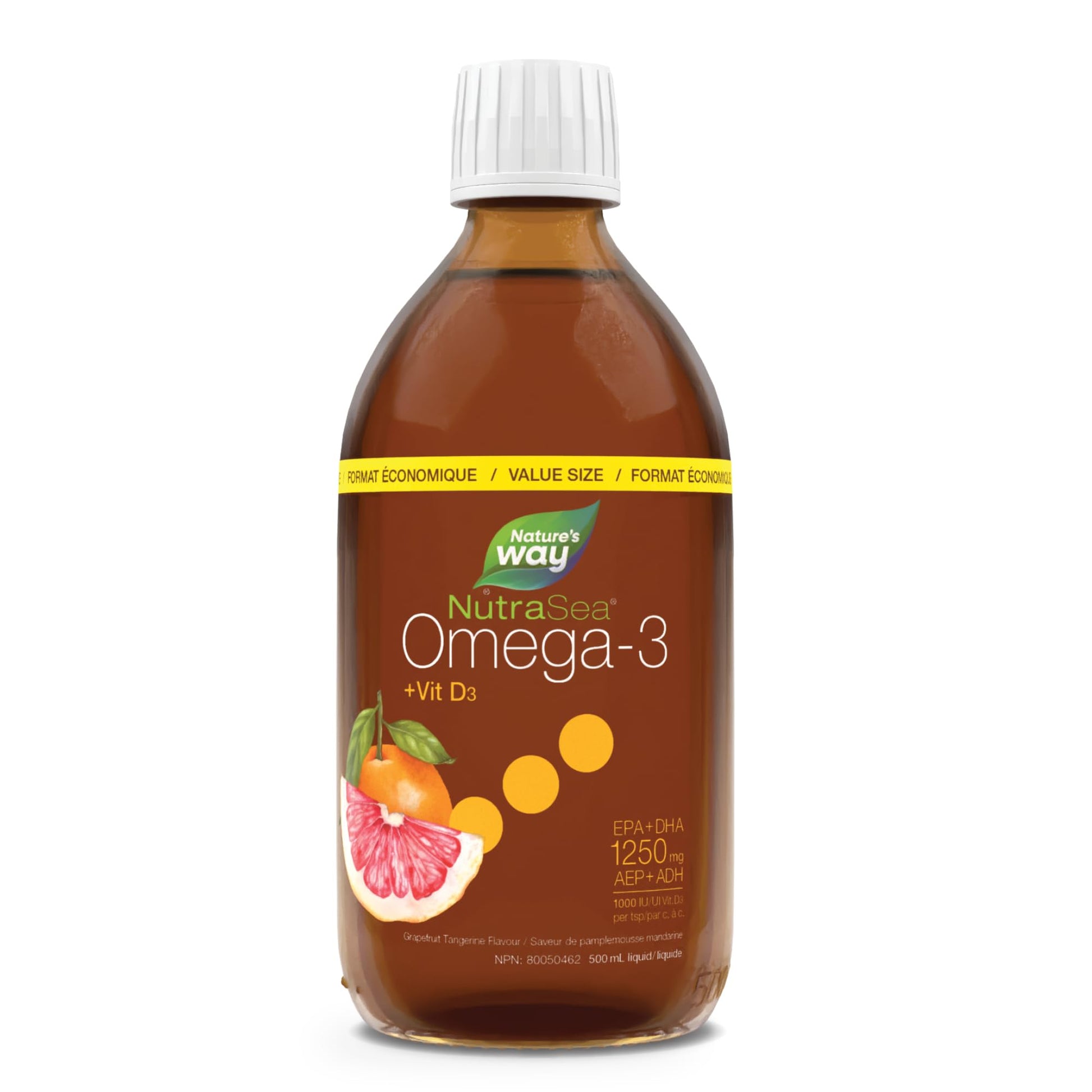 Nature's Way NutraSea Omega 3 + Vitamin D Fish Oil Liquid Supplement – Grapefruit Tangerine Flavour – Heart, Brain, Bone & Immune Support – EPA & DHA + 1000IU D3, 500 mL - Available at All In One Marketplace Canada