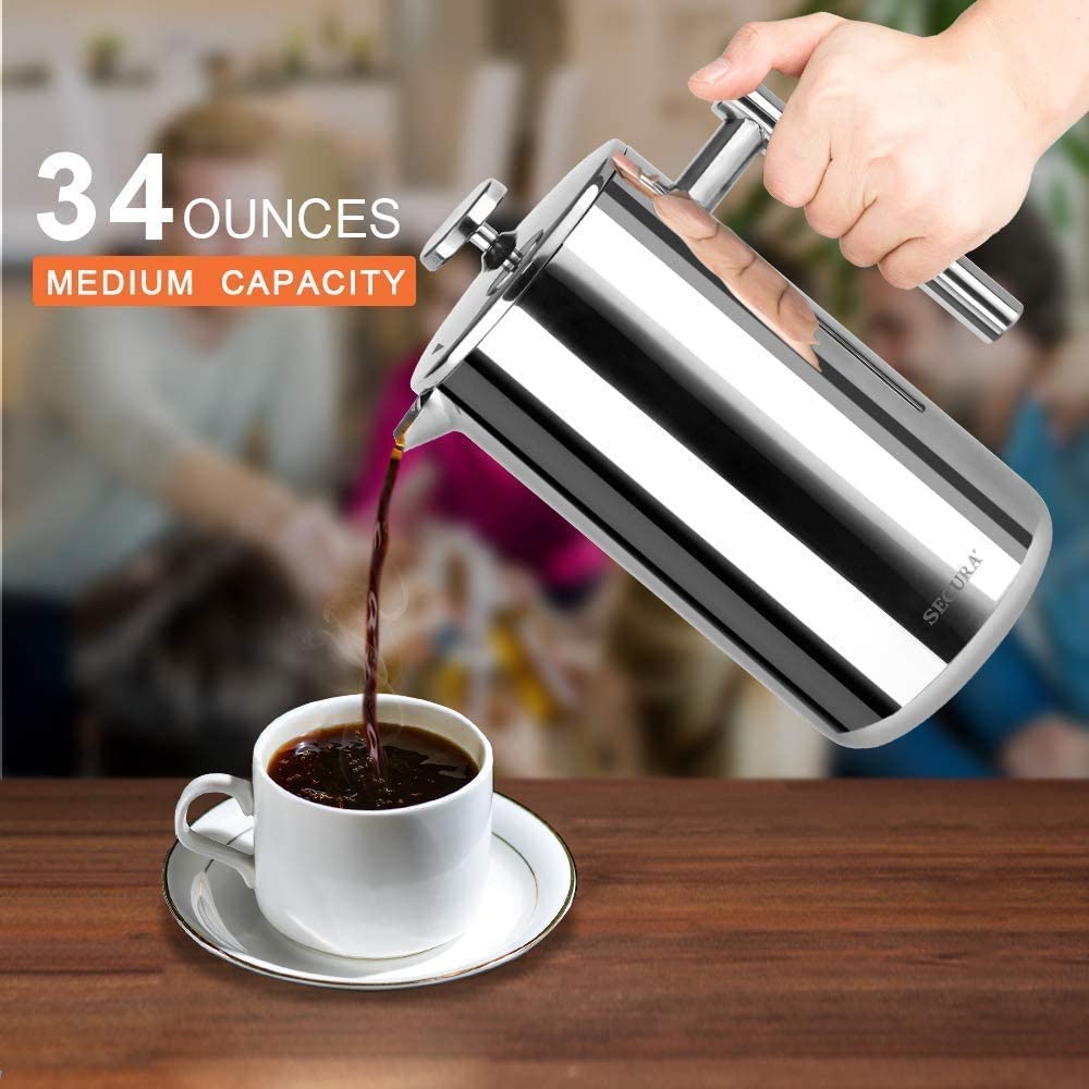 Secura French Press Coffee Maker, 304 Grade Stainless Steel Insulated Coffee Press with 2 Extra Screens, 34oz (1 Litre), Silver - Available at All In One Marketplace Canada