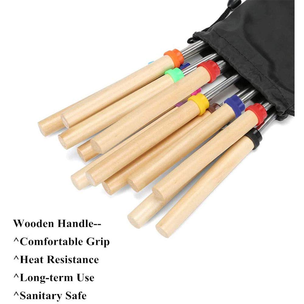 Marshmallow Roasting Sticks, Roasting Sticks with Wooden Handle 32 Inch Extendable BBQ Forks Telescoping Sticks Telescopic Stainless Steel Skewers for Grilling,Campfire (10)