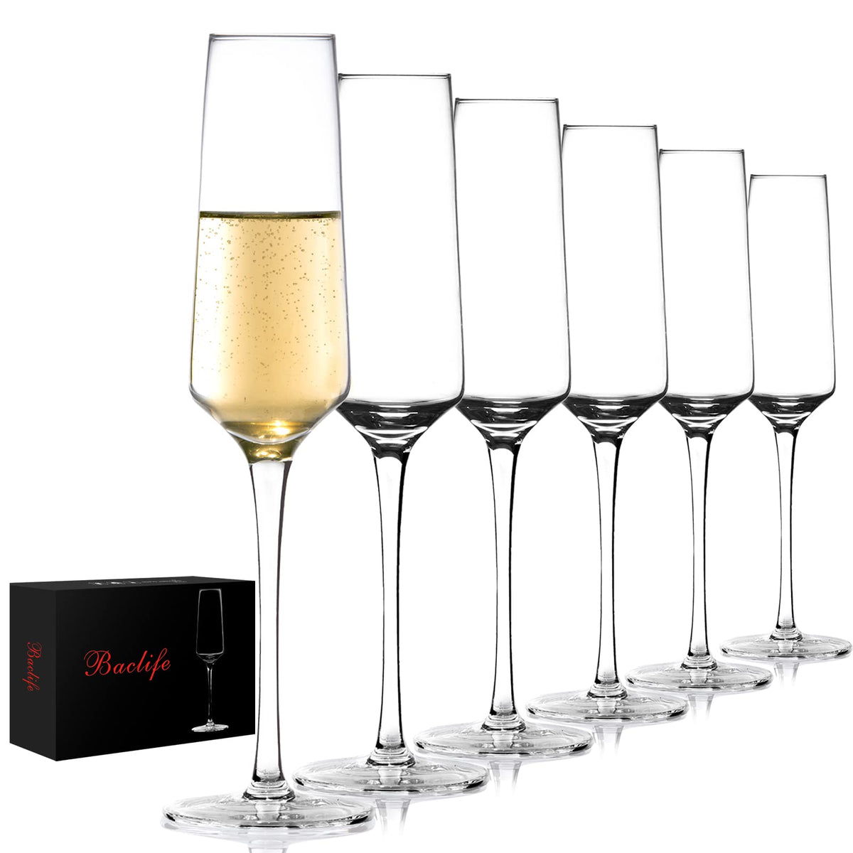 BACLIFE Champagne Flutes - Hand Blown Elegant Champagne Glasses Set of 6 - Unique Gift for Birthday,Wedding, Christmas - Ideal for Wine Tasting,Daily Use - 7.5 oz, Clear 🍁 All In One Marketplace Canada