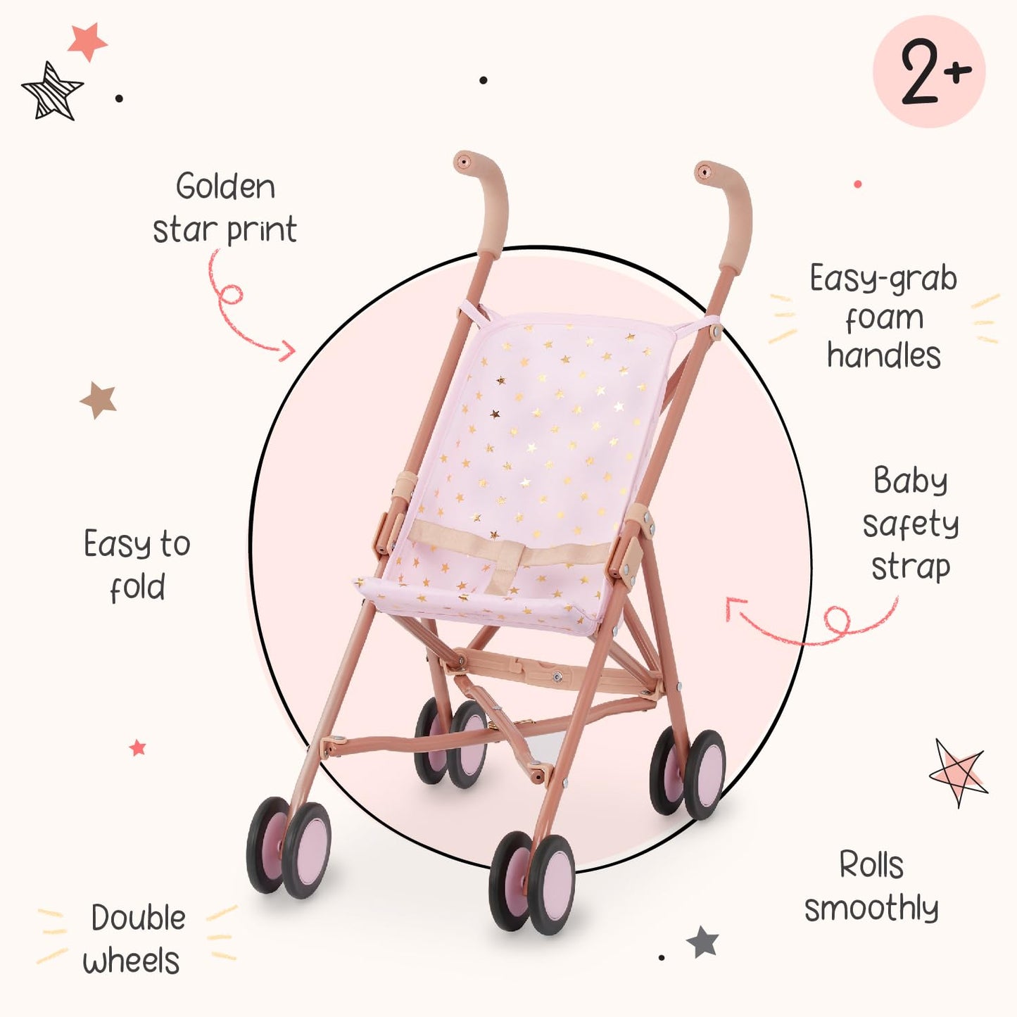LullaBaby Baby Doll Stroller, Foldable Star-Print Toy Stroller, Accessory LullaBaby