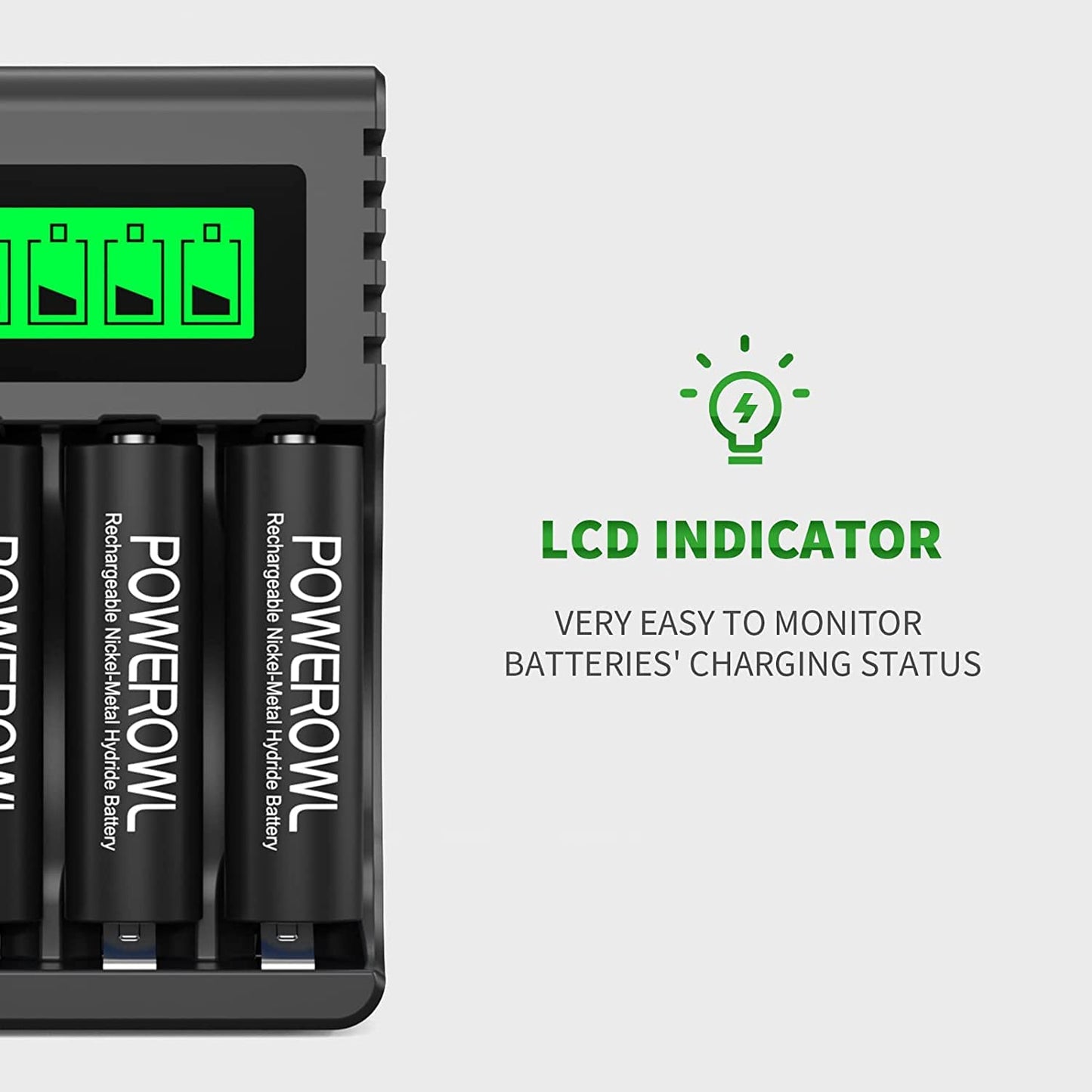 POWEROWL AA AAA Rechargeable Battery Charger, 4 Bay LCD Smart Battery Charger for Ni-MH AA AAA Rechargeable Batteries, Independent Slot & USB Fast Charging