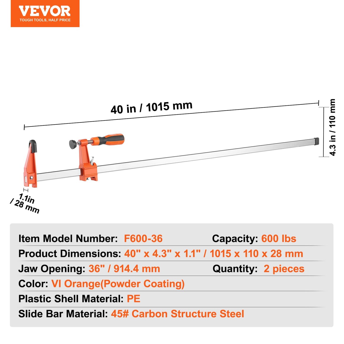 VEVOR Bar Clamps for Woodworking, 2-Pack 36" Clamp, Quick-Change F Clamp with 600 lbs Load Limit, 2.5" Throat Depth, Cast Iron and Carbon Steel, Wood Clamps for Woodworking Metal Working VEVOR