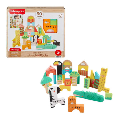 Fisher-Price Wood Toddler Toy Jungle Blocks, 50-Piece Wooden Animal Building Set for Preschool Pretend Play Kids Ages 2+ Years Fisher-Price