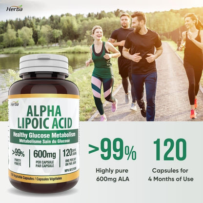 Herba Alpha Lipoic Acid 600mg – 120 Capsules | >99% Ultra Pure | Made in Canada | Blood Sugar Support Supplement - Available at All In One Marketplace Canada