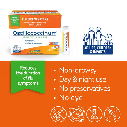 Boiron Oscillococcinum 60 doses Homeopathic Medicine for Flu-like Symptoms; Reduces the duration of flu-like symptoms such as body aches headaches fever and chills; Kosher (Pack of 2) Boiron