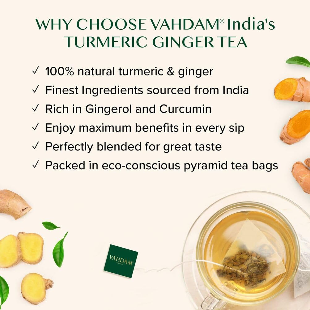 VAHDAM Turmeric Ginger Herbal Tea - 100 Pyramid Tea Bags | Caffeine Free, Non-GMO, Gluten Free