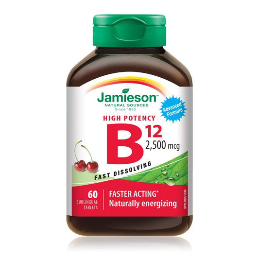 Jamieson Vitamin B12 2,500 mcg Fast Dissolve, 60 Sublingual Tablets, Natural Cherry Flavour. Methylcobalamin, Supports Energy Production and Metabolism. Vegetarian, Proudly Canadian - Available at All In One Marketplace Canada