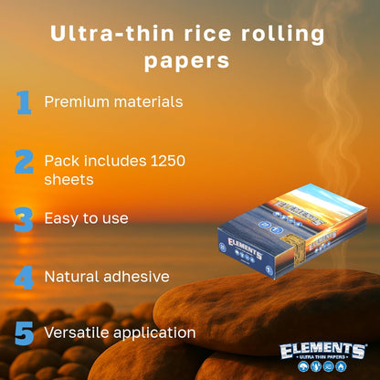 Elements 1 1/4 Size Ultra Thin Rice Rolling Paper - 25 Booklets, 1250 Sheets