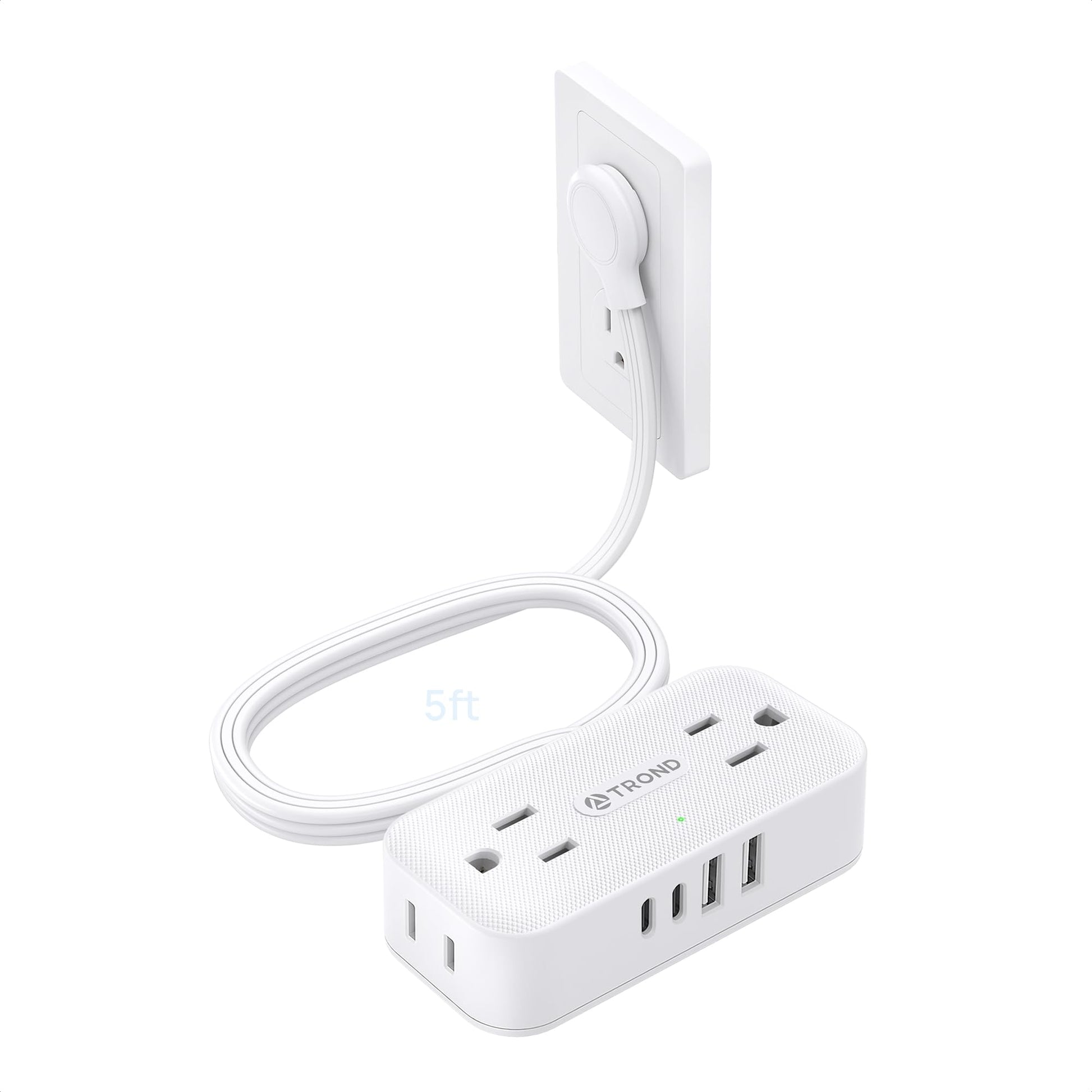 TROND Surge Protector Power Bar with 4 USB Ports(2 USB C), 5FT Slim Flat Plug Extension Cord Indoor, 4 Widely Spaced Outlets, 900J, Wall Mount, Small Power Strip for Office Dorm Home Essentials, White