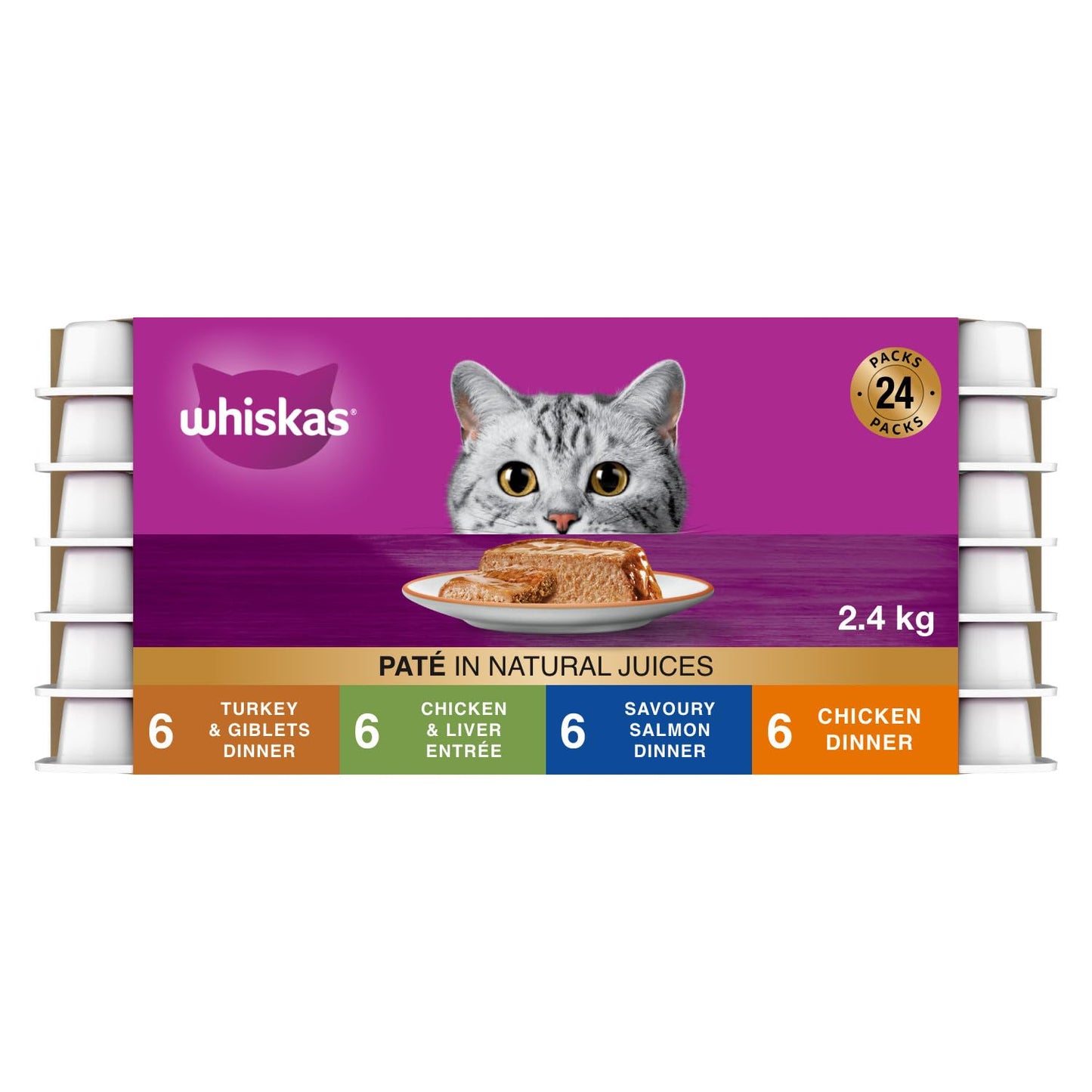 WHISKAS Salmon and Poultry Selections, Turkey, Chicken, and Savoury Salmon Dinner, Adult Wet Cat Food Paté in Natural Juices, 100g (24 Pack)
