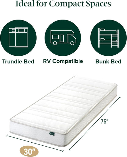 Zinus Narrow Twin Mattress - 6 Inch Foam and Spring Hybrid Mattress, Affordable Mattress, CertiPUR-US Certified Foam with Pressure Relief, Mattress in a Box, 10-Year Warranty, Narrow Twin, 30"x75" Zinus