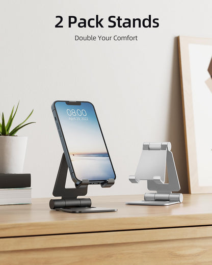 Nulaxy 2 Pack Dual Foldable Phone Stand for Desk, Fully Adjustable Desktop Cell Phone Holder Accessories for Office Kindle Compatible with 4-8" Mobile Devices iPhone Pro/Max/Plus, Black & Silver