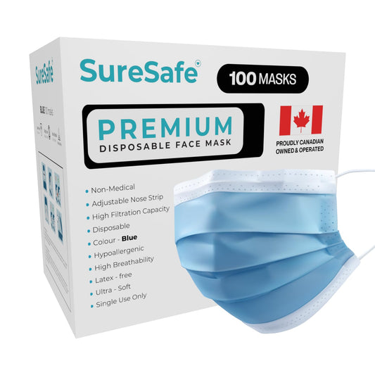 SURESAFE Premium Disposable Face Mask Pack of 100, 3 Ply face mask with Ear Loop, High Filtration, Comfortable and Breathable, Women and Men Face Mask, Blue