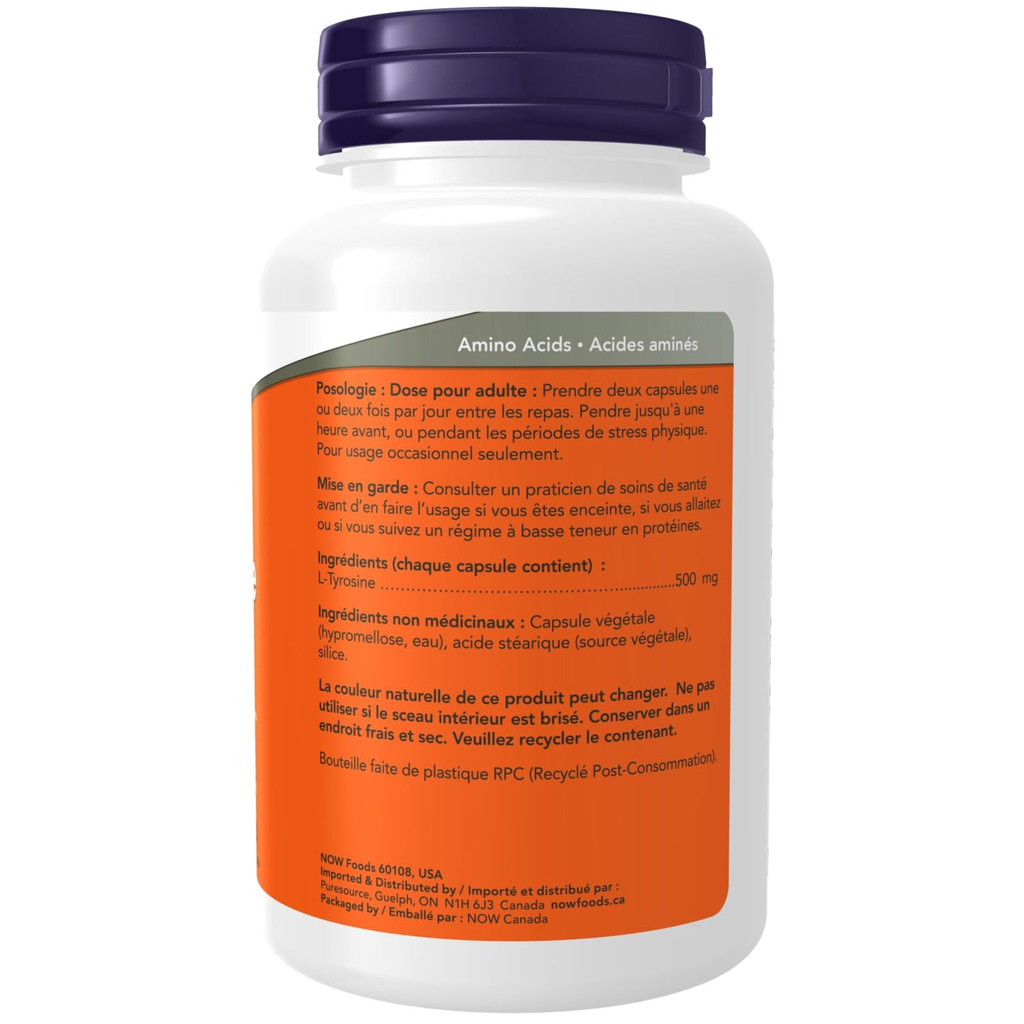 NOW Supplements, L-Tyrosine 500 mg, Supports Mental Alertness, Neurotransmitter Support, 120 Capsules - Available at All In One Marketplace Canada