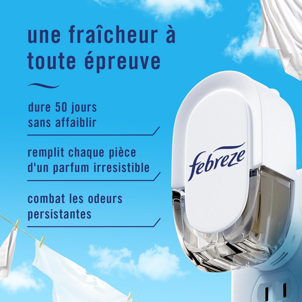 Febreze Plug In Air Freshener, Odor-Fighting Scented Oil Starter Kit, Air Fresheners for Home and Bathroom and Kitchen, Long Lasting for Strong Odors, Linen & Sky Scent, Warmer + 2 Refill