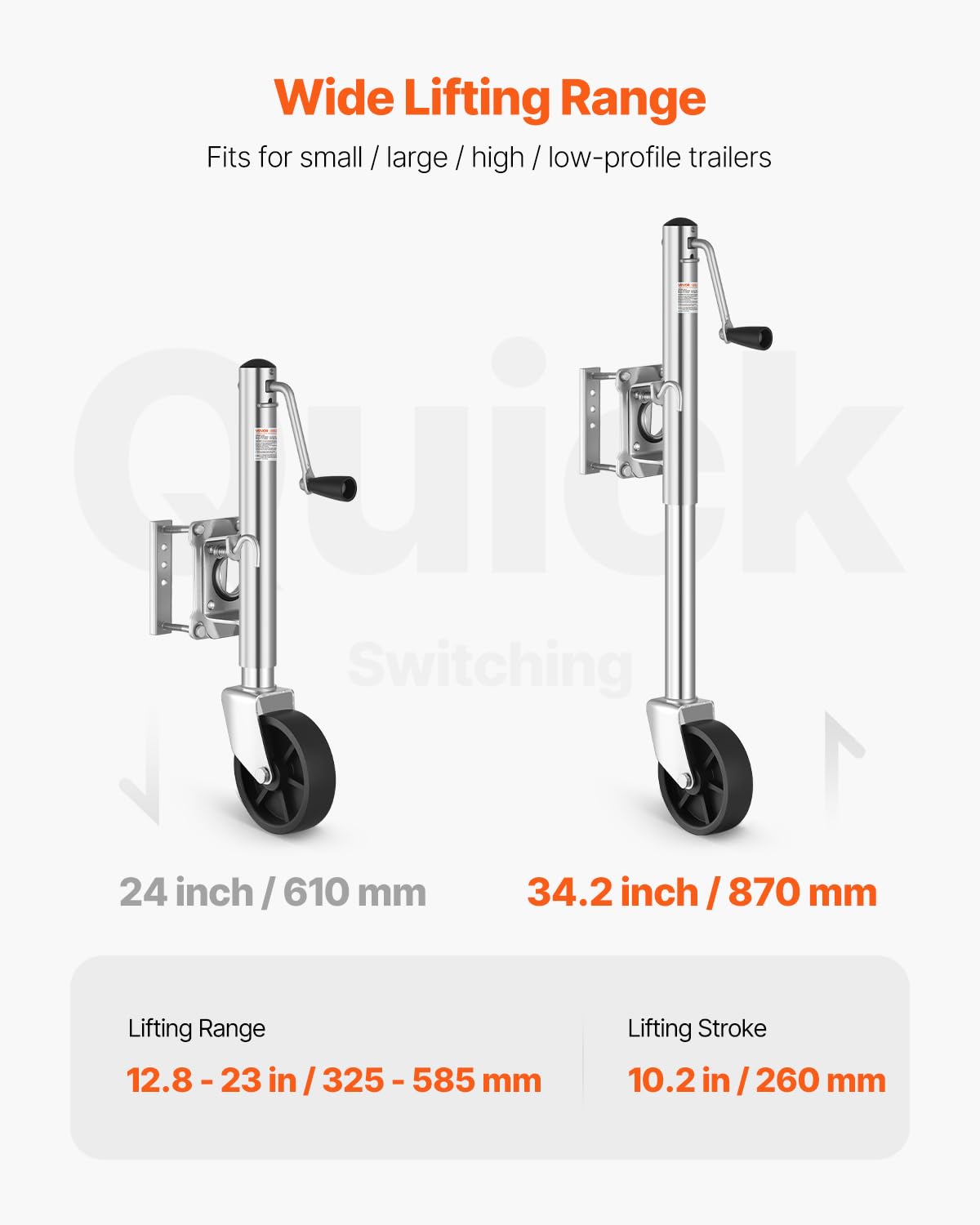 VEVOR Trailer Jack with Wheel, 1000 lbs Load Capacity, Heavy Duty Swivel Boat Trailer Jack with PP Single Wheel & Ergonomic Handle, 10-inch Lift, Fit for RVs, Boats, Horse Trailers, Utility Trailers VEVOR