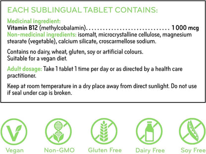 Sisu Vitamin B12 1000 mcg Methylcobalamin Sublingual Tablets, Unflavoured, 180 Tablets, Supports Energy Metabolism and Red Blood Cell Formation - Available at All In One Marketplace Canada