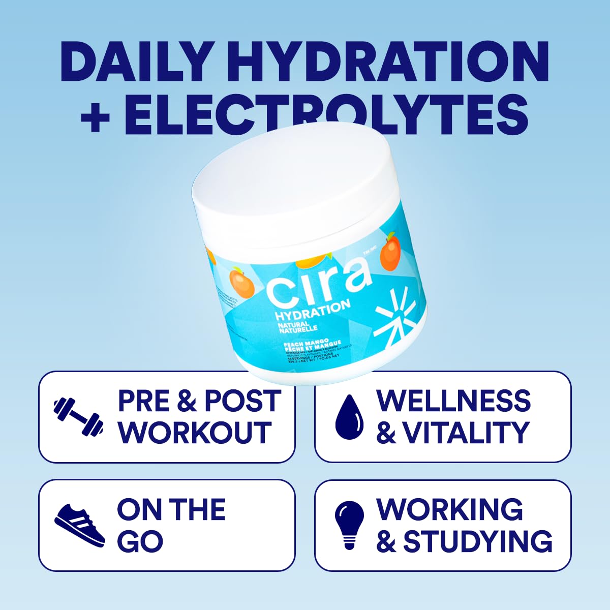 Cira Hydration Electrolytes Powder - Daily Electrolyte Powder, Sugar Free Naturally Flavoured & Sweetened w Stevia, Hydration Powder w Himalayan Salt for Dehydration Relief - Peach Mango, 45 Servings