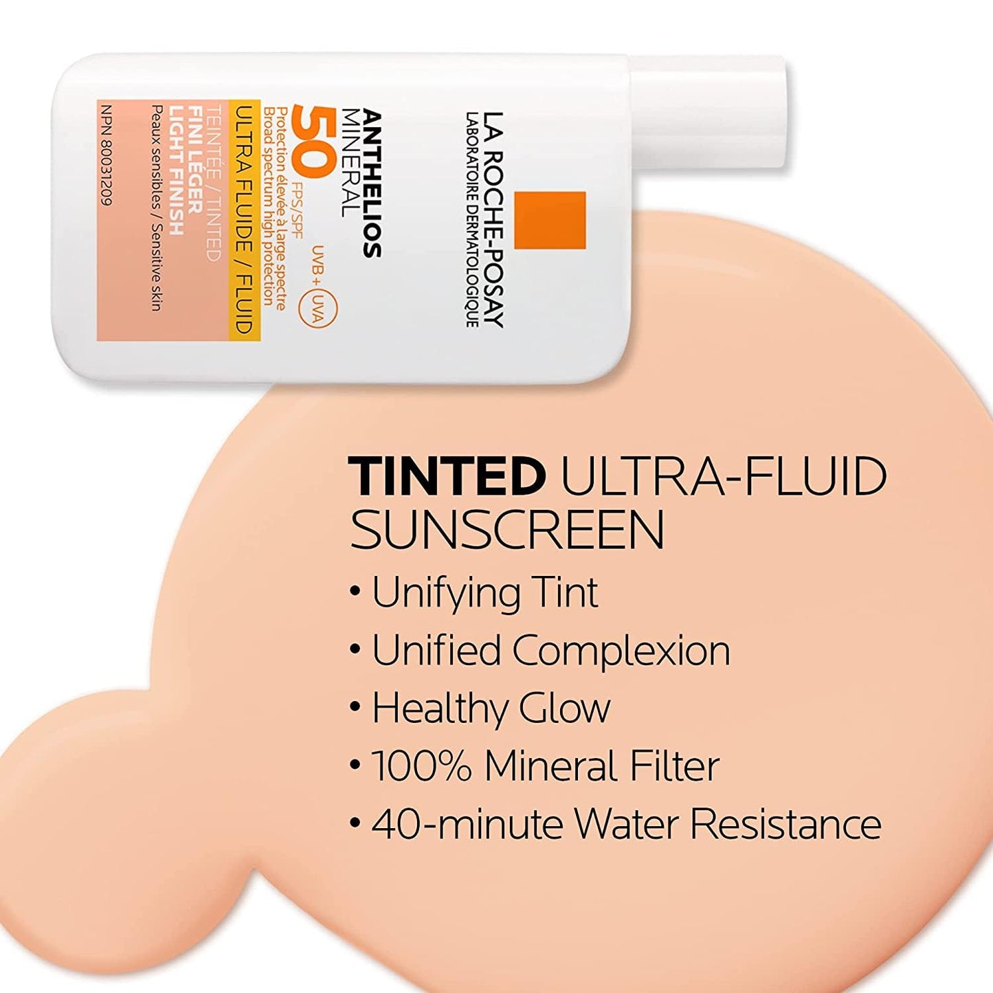 La Roche-Posay Face Sunscreen, Anthelios Tinted Mineral Ultra-Fluid SPF 50 Lotion UVA-UVB Sun Protection, Titanium Dioxide, 100% Mineral Filter, Fragrance Free, Water Resistant. Travel Size, 50ml
