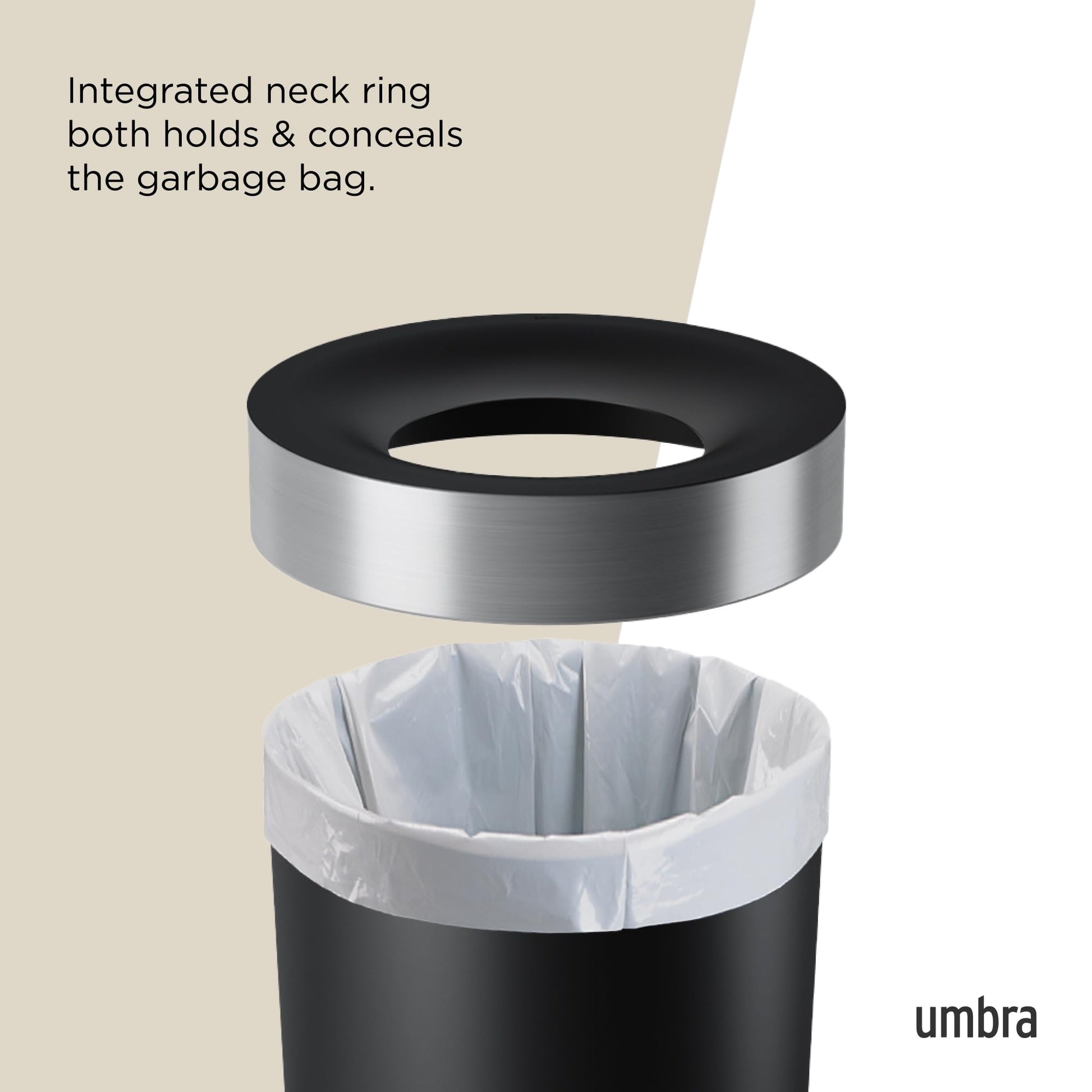 Umbra Vento Kitchen Trash Can – Large 16 Gal (62 L) Open Top Garbage Can for Home & Office – Modern Clean Design, Black/Nickel Umbra