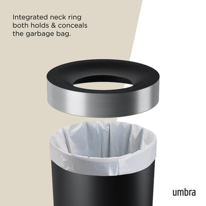 Umbra Vento Kitchen Trash Can – Large 16 Gal (62 L) Open Top Garbage Can for Home & Office – Modern Clean Design, Black/Nickel Umbra